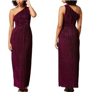 Taylor metallic pink one shoulder greek goddess full length gown size 2